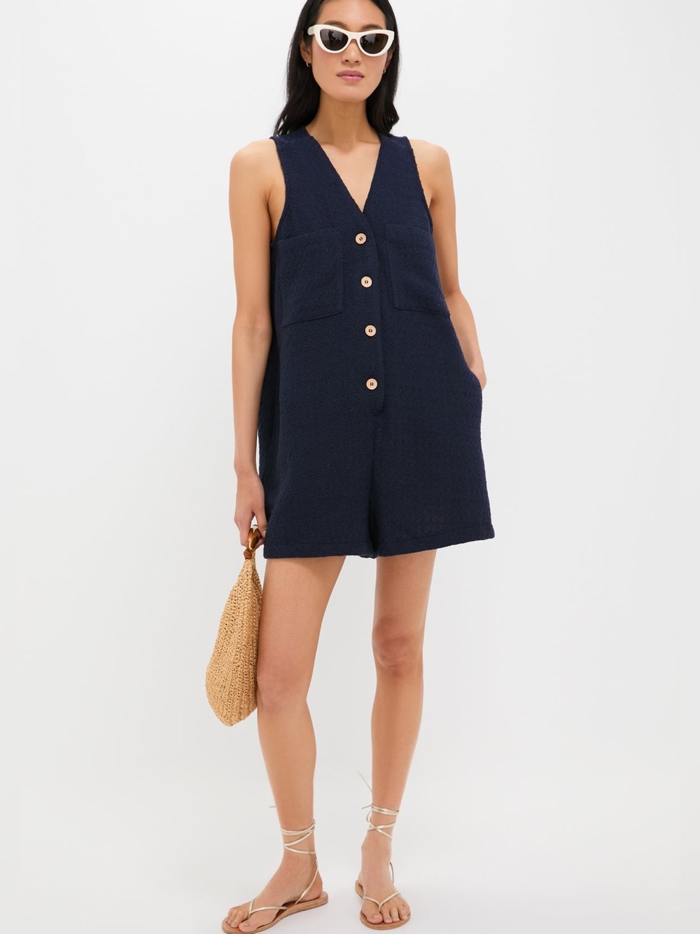 Pomander Place Myla Navy Textured Button Front Romper Medium